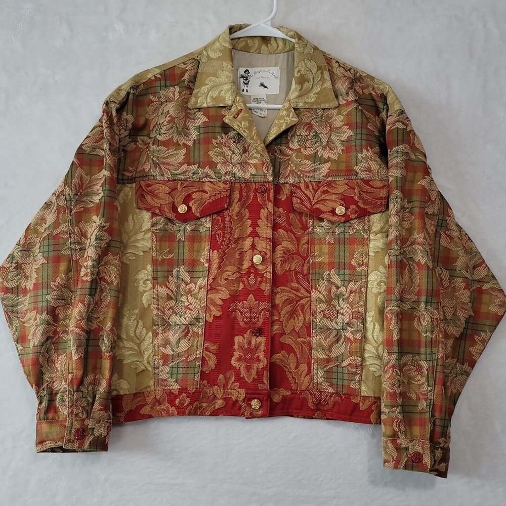 Vtg My Boyfriends Back Womens Denim Jacket Floral Patchwork Pattern Rose Buttons